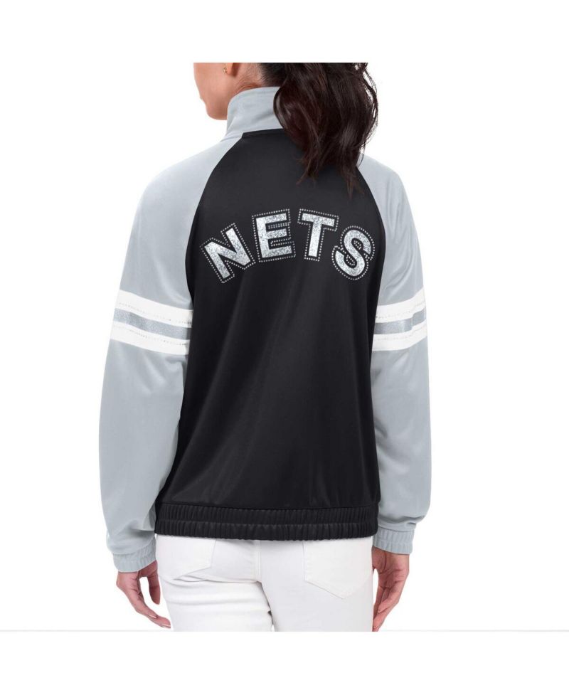 Women's Black Brooklyn Nets Main Player Raglan Rhinestone Full-Zip Track Jacket