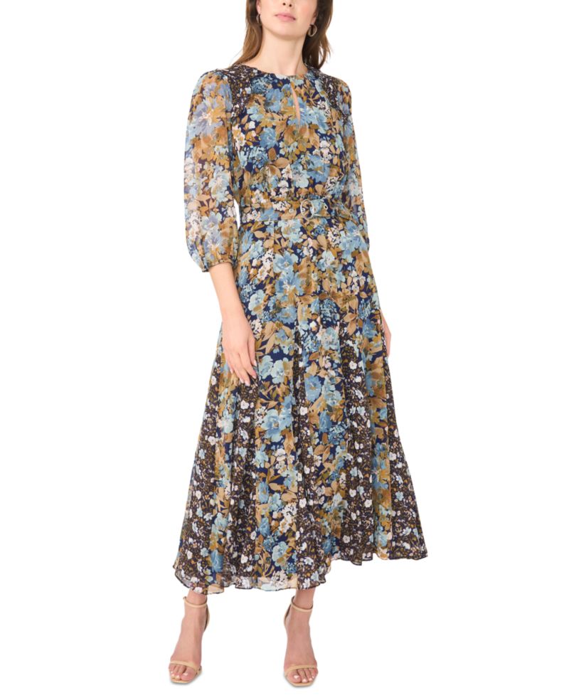 Women's Keyhole Belted Floral Maxi Dress