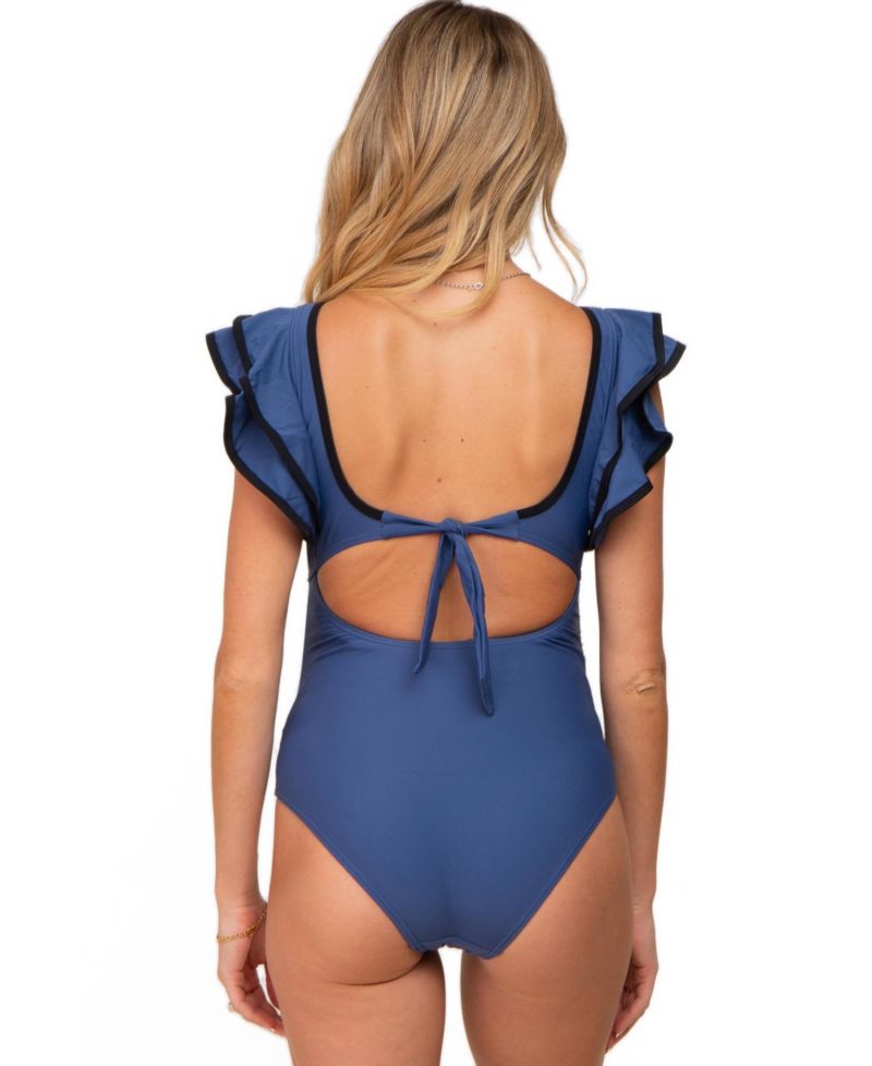 Women's Blue Color Blocked Ruffle Shoulder Cutout Back One Piece Swimsuit