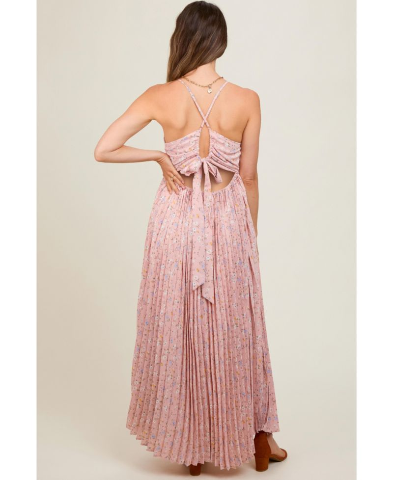 Women's Light Pink Floral Pleated Back Cutout Maxi Dress