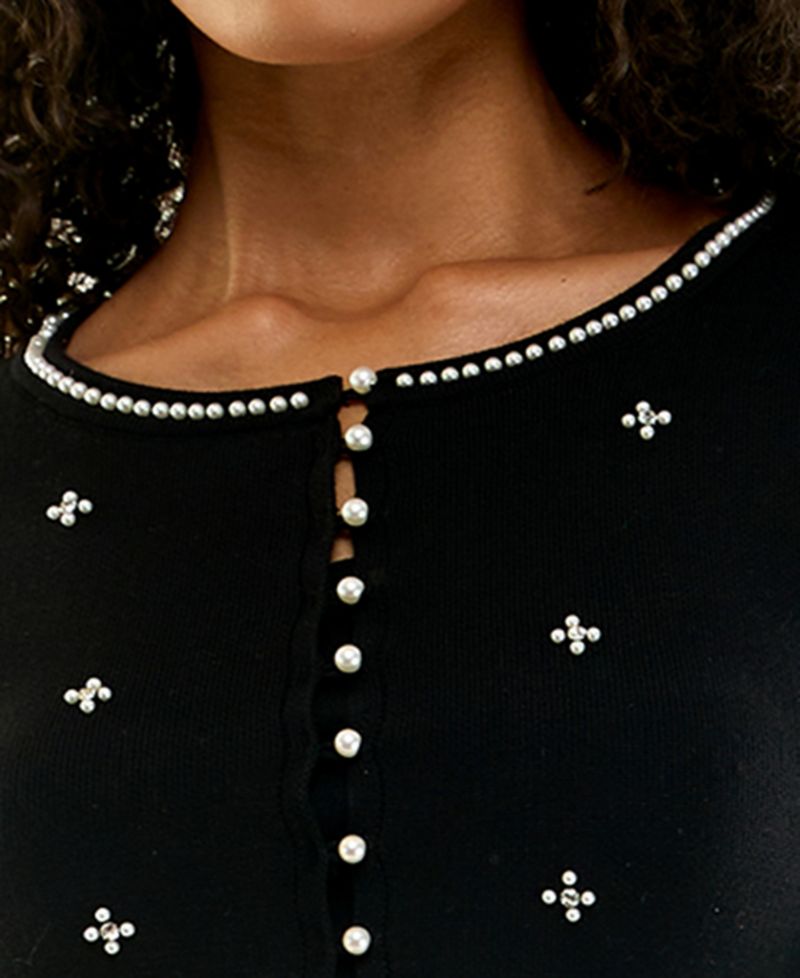 Juniors' Long-Sleeve Imitation Pearl-Embellished A-Line Sweater Dress