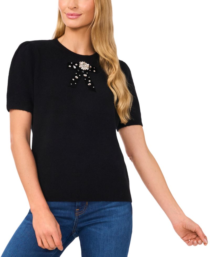 Women's Ribbon-Trim Short-Sleeve Sweater