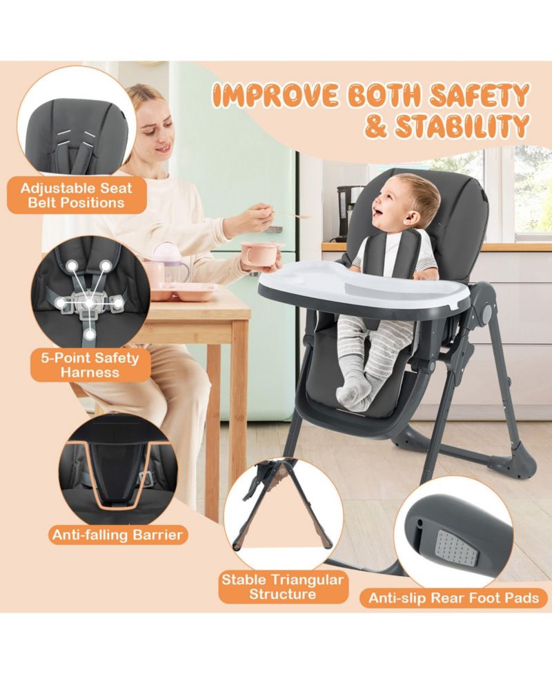 Toddler High Chair w/ 7 Height and 3 Footrest Adjustable Cup holder 2 Wheels