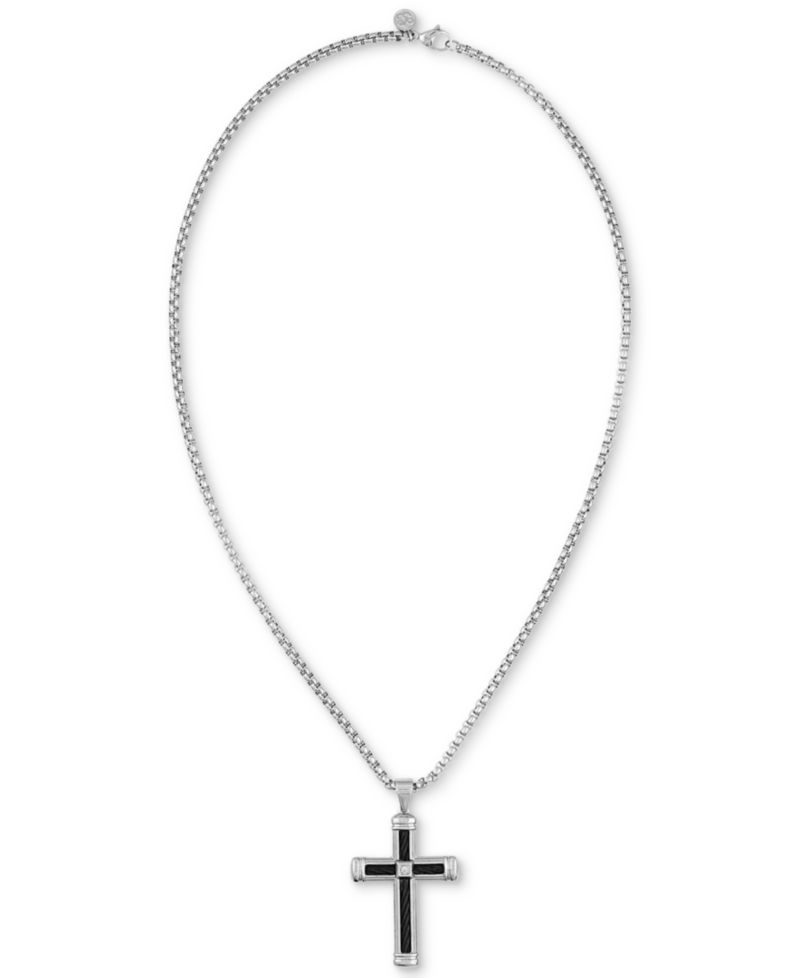 Diamond Accent Cross 22" Pendant Necklace in Stainless Steel & Black Ion-Plate