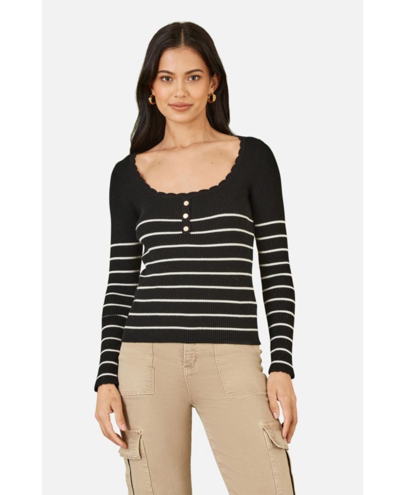 Women's Button Detail Long Sleeve Rib Knit Top