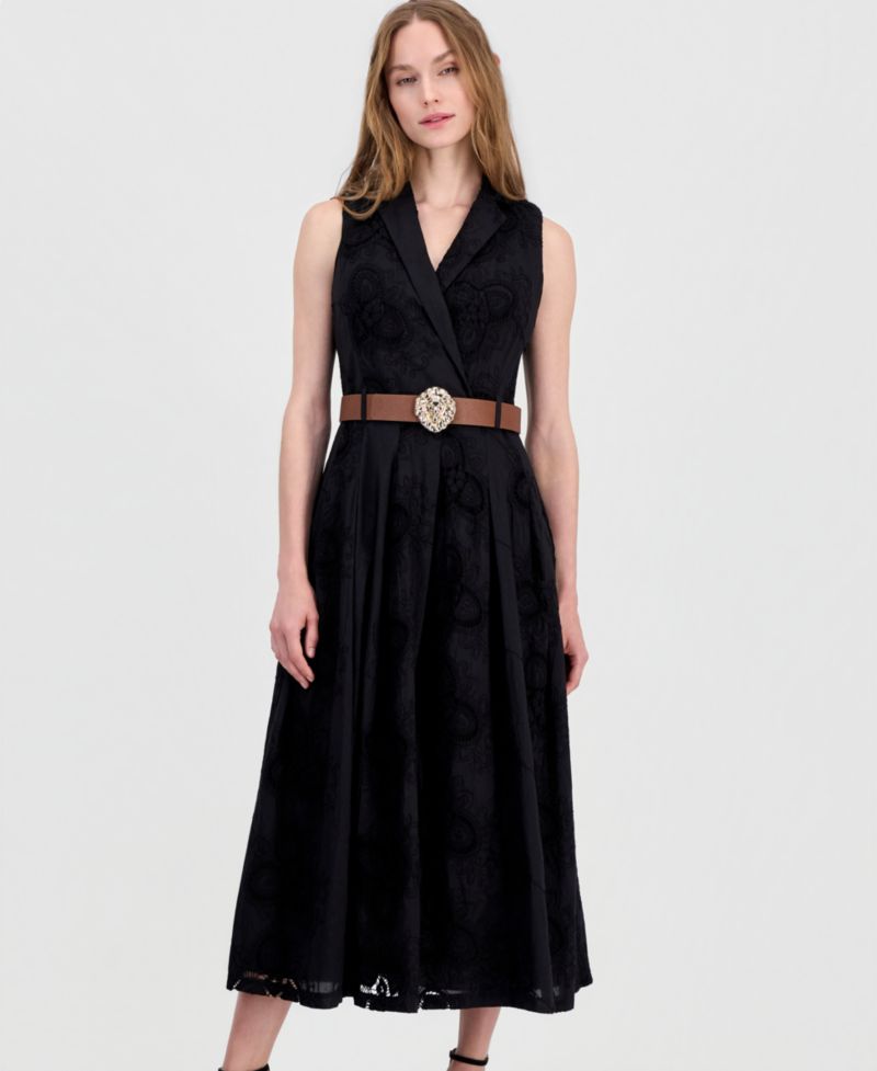 Women's Belted Eyelet Embroidered Cotton Midi Dress