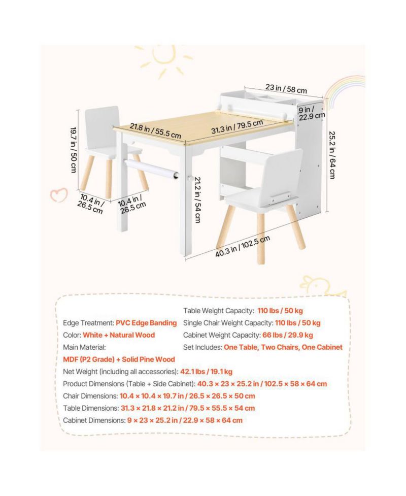 Toddler Craft Table Set with 2 Chairs and Storage Shelves