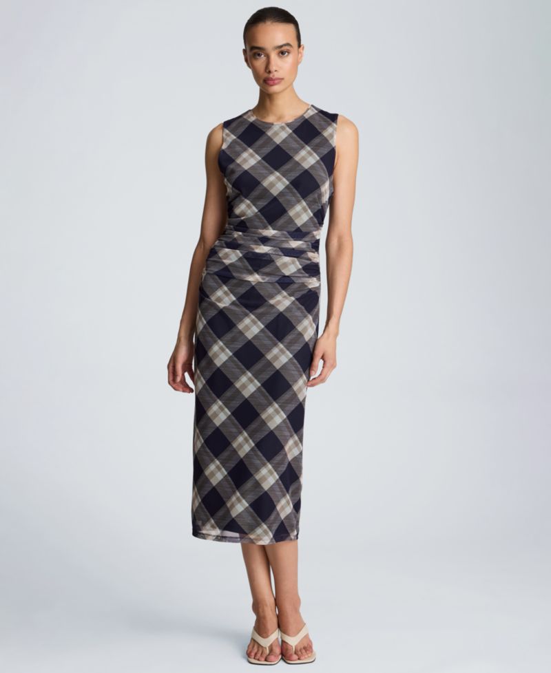 Women's Sleeveless Side Ruched Plaid Midi Dress