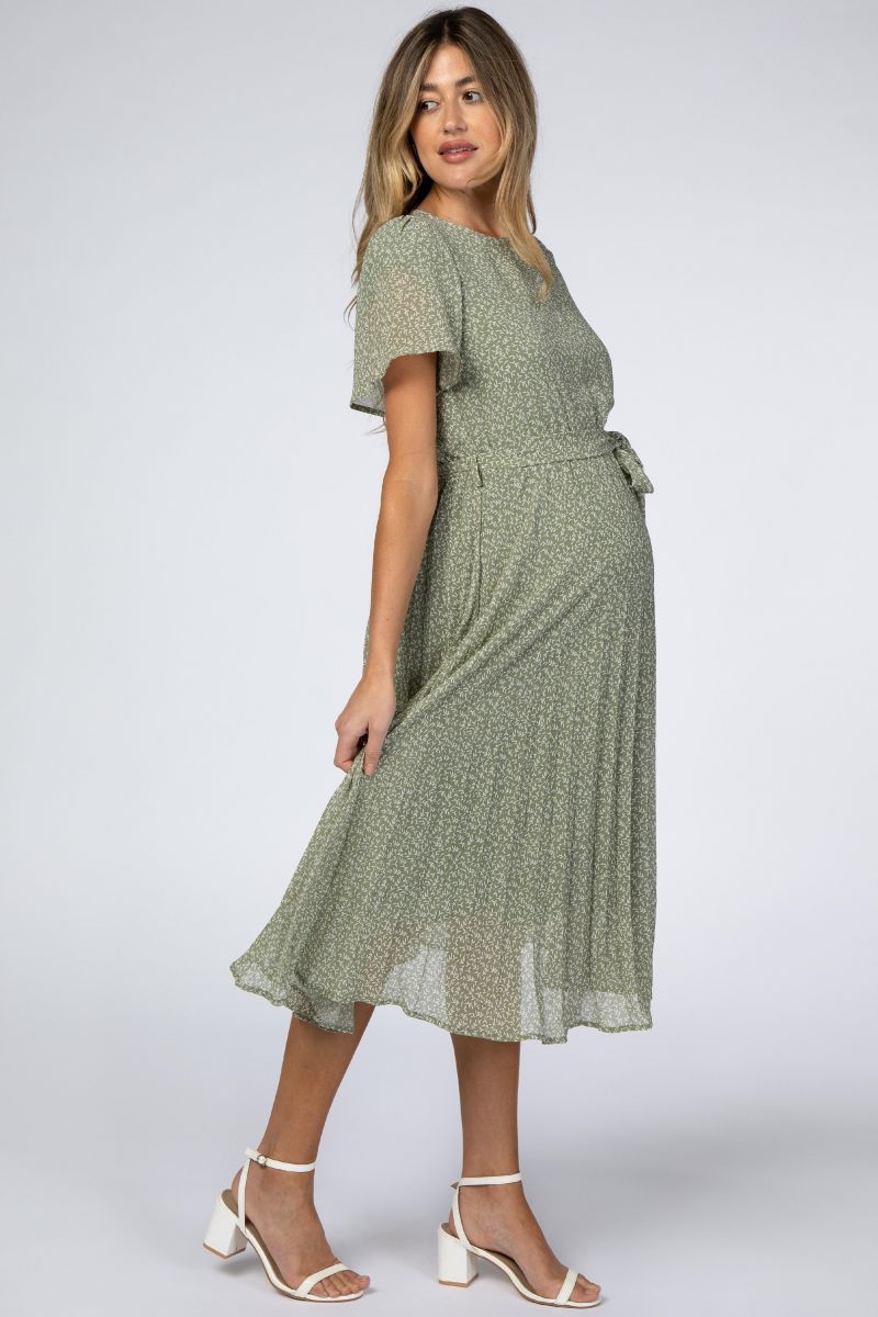 Women's Light Olive Leaf Print Pleated Midi Dress