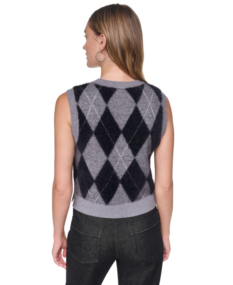 Women's Argyle Fuzzy-Yarn Side-Slit Crewneck Vest Sweater