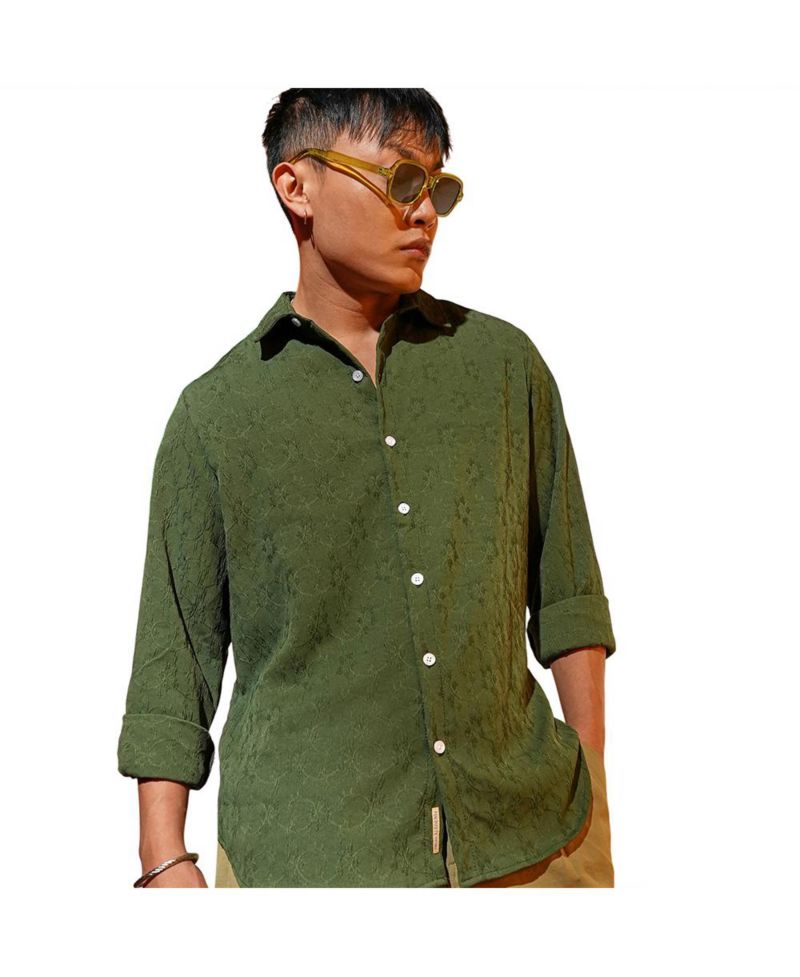 Men's Forest Green Floral-Textured Shirt