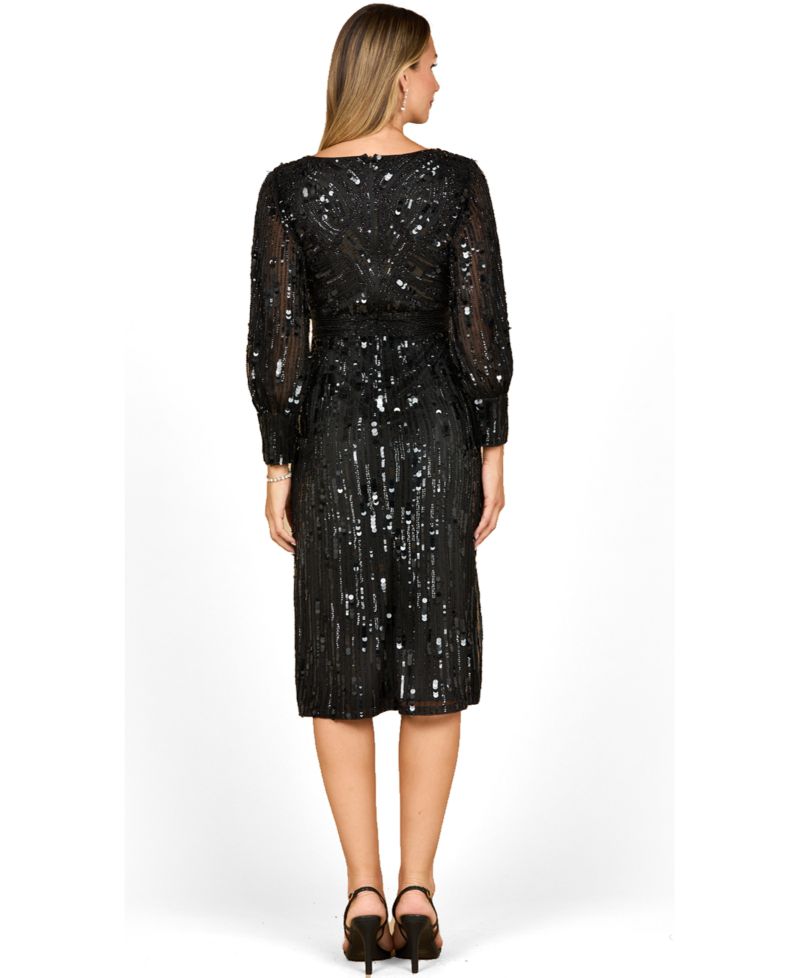 Women's Beaded A-line Midi Dress with Long Sleeves