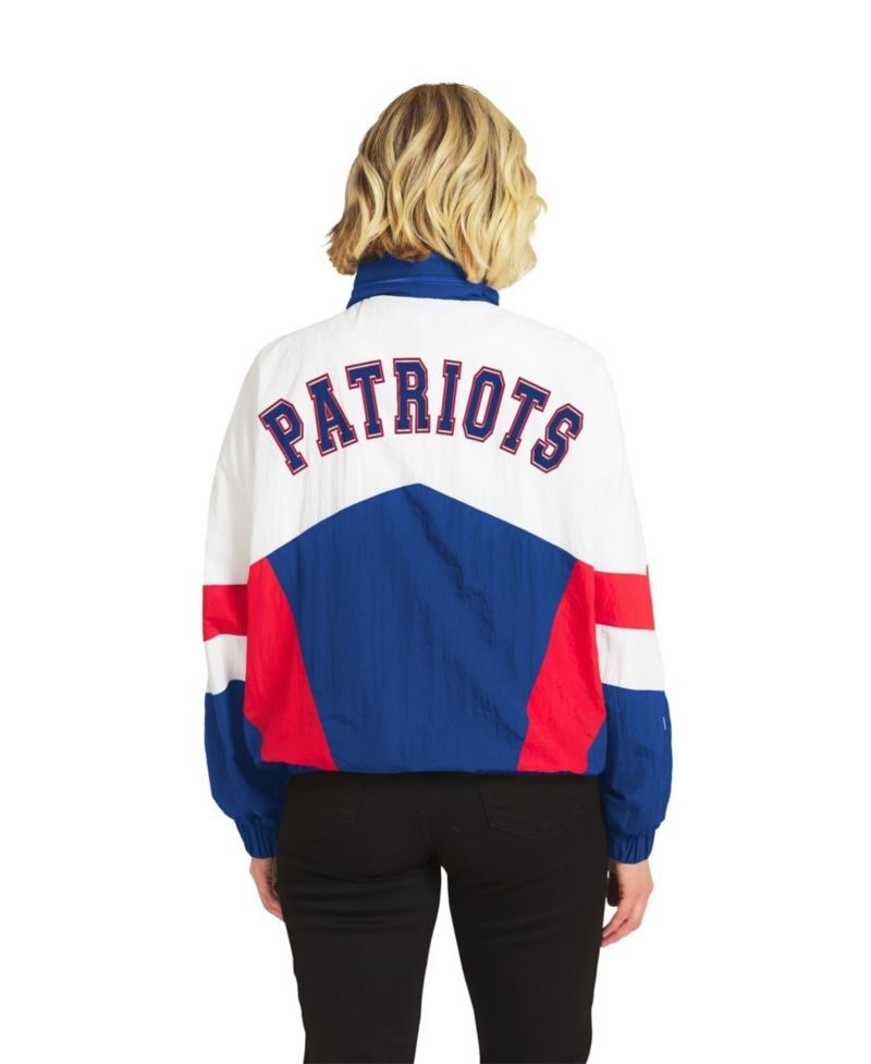Women's White/Royal New England Patriots Throwback Crinkle Full-Snap Hooded Windbreaker Jacket