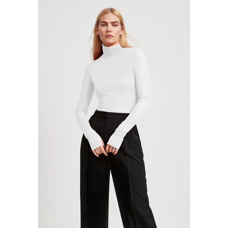 Women's Eloise Extra-Long Sheer Jersey Fitted Turtleneck with Thumbholes
