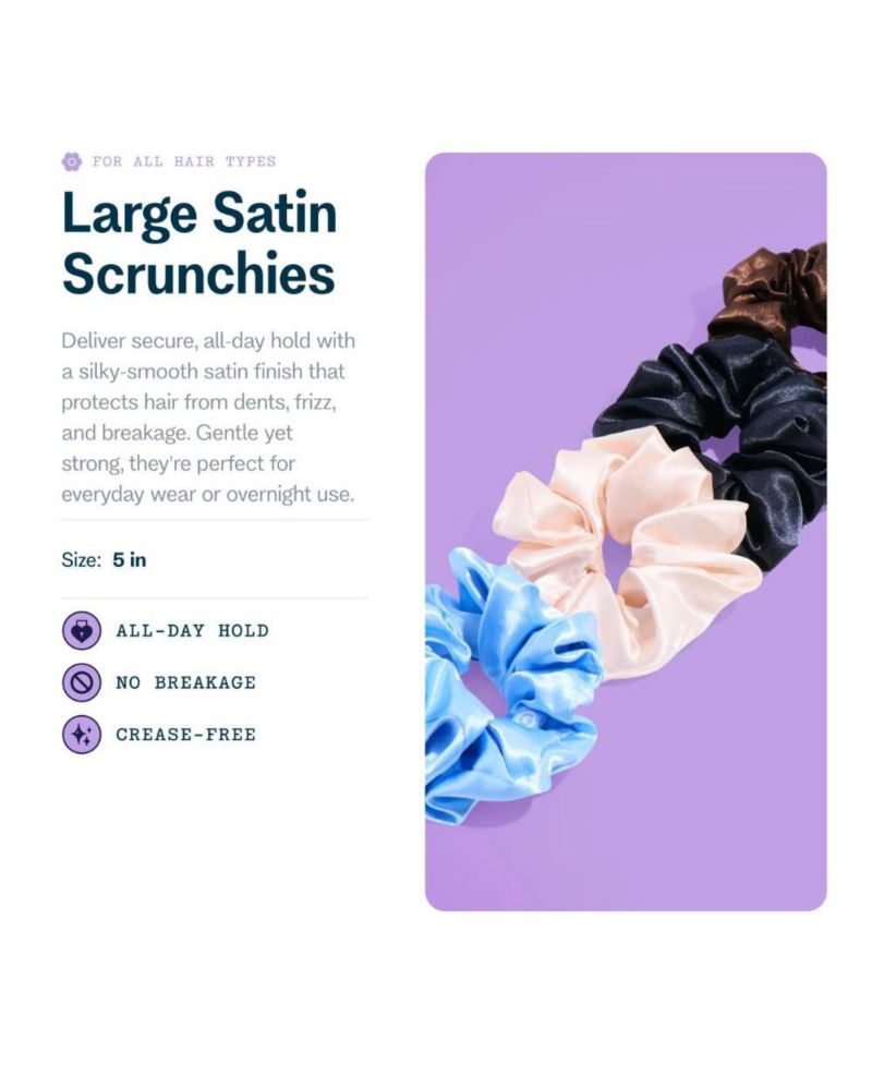 Large Satin Hair Scrunchies Soft, No Breakage Scrunchies Perfect for Thick Hair and Bedtime Wear 4 Pack