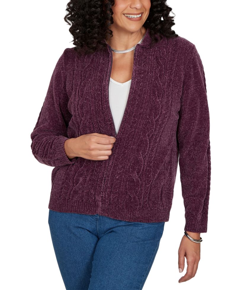 Women's Classic Cable Chenille Zip Cardigan Sweater