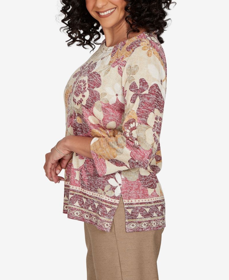 Petite Union Square Exploded Floral Geo Border 3/4-Sleeve Top