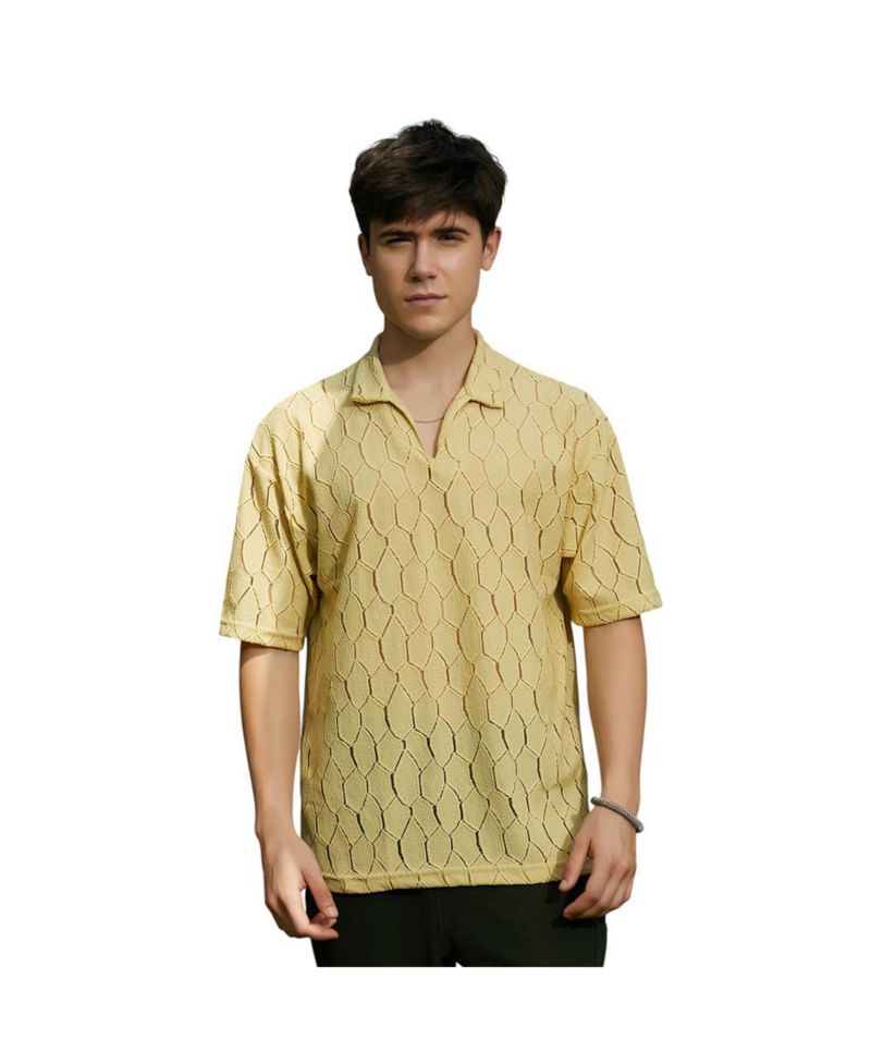 Men's Butter Yellow Honeycomb-Knit Polo T-Shirt