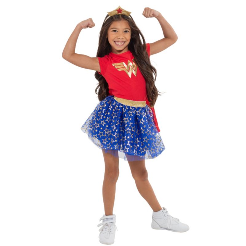 DC Comics Wonder Woman Costume T-Shirt Tulle Skirt Headband and Cape 4 Piece Set