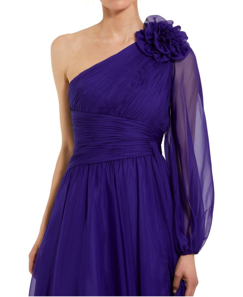Women's One Sleeve Ruched Chiffon Gown With 3D Flower