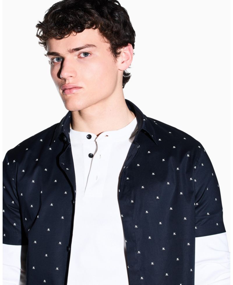 Men's Short Sleeve Poplin Allover logo Print Button Down Shirt