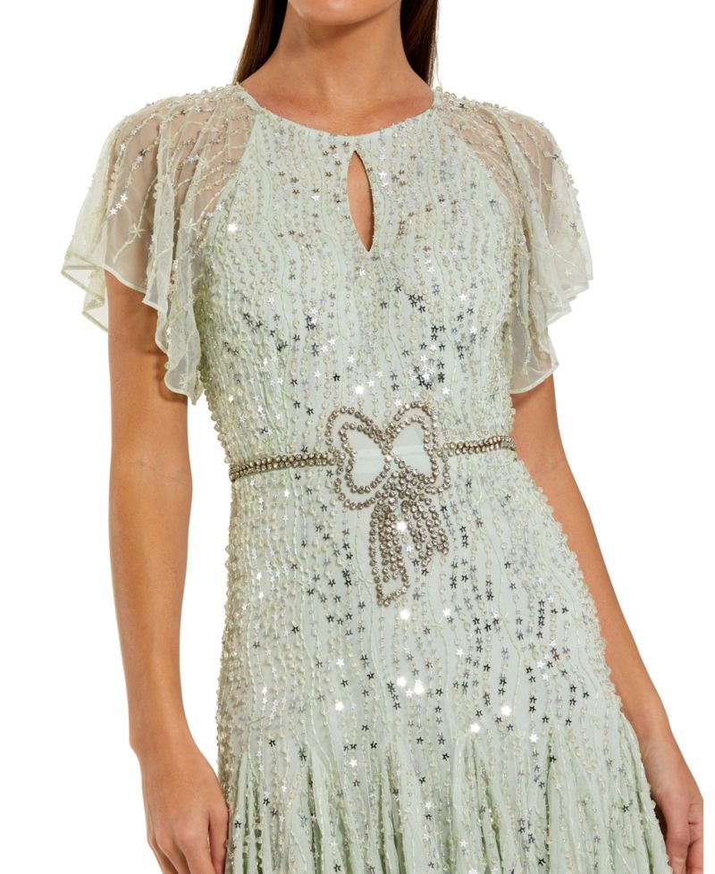 Women's Enbellished Bow Flutter Sleeve A Line Midi Dress