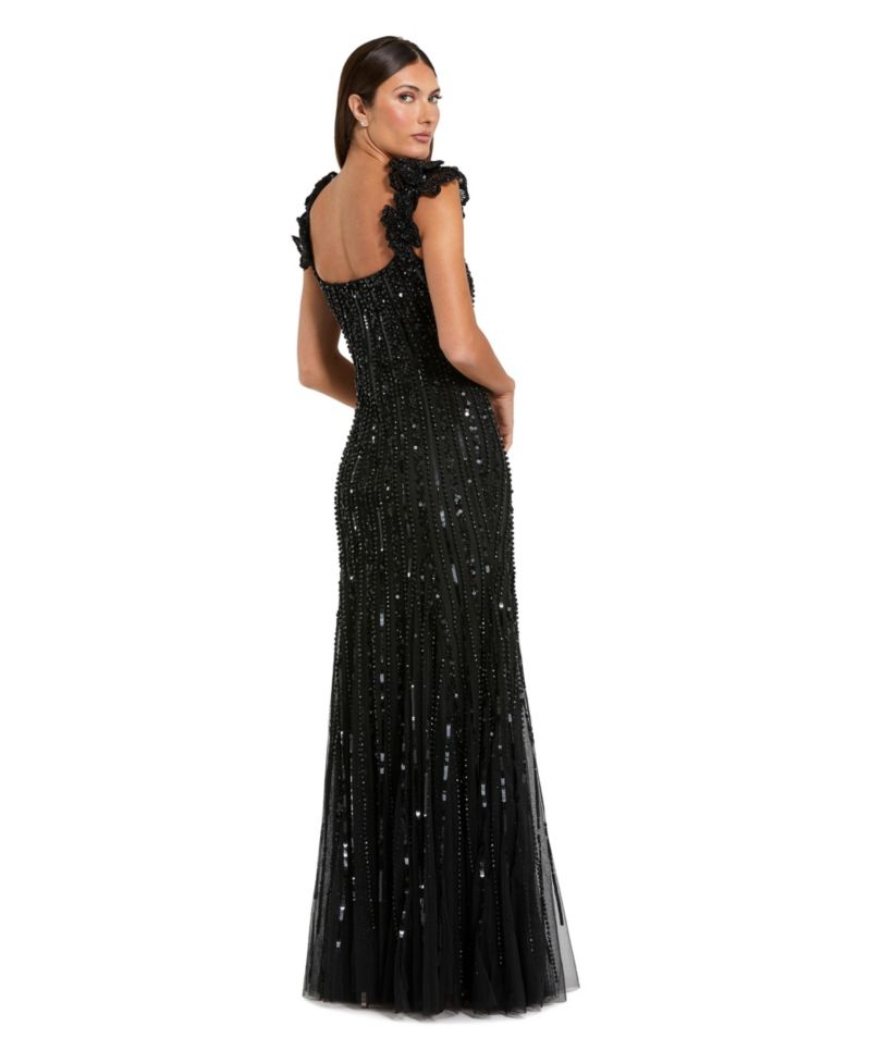 Women's Floral Shoulder Sequin Mesh Evening Gown