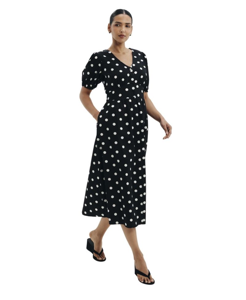 Women's Addison Polka-Dot V-Neck Short Puff-Sleeve Midi Dress