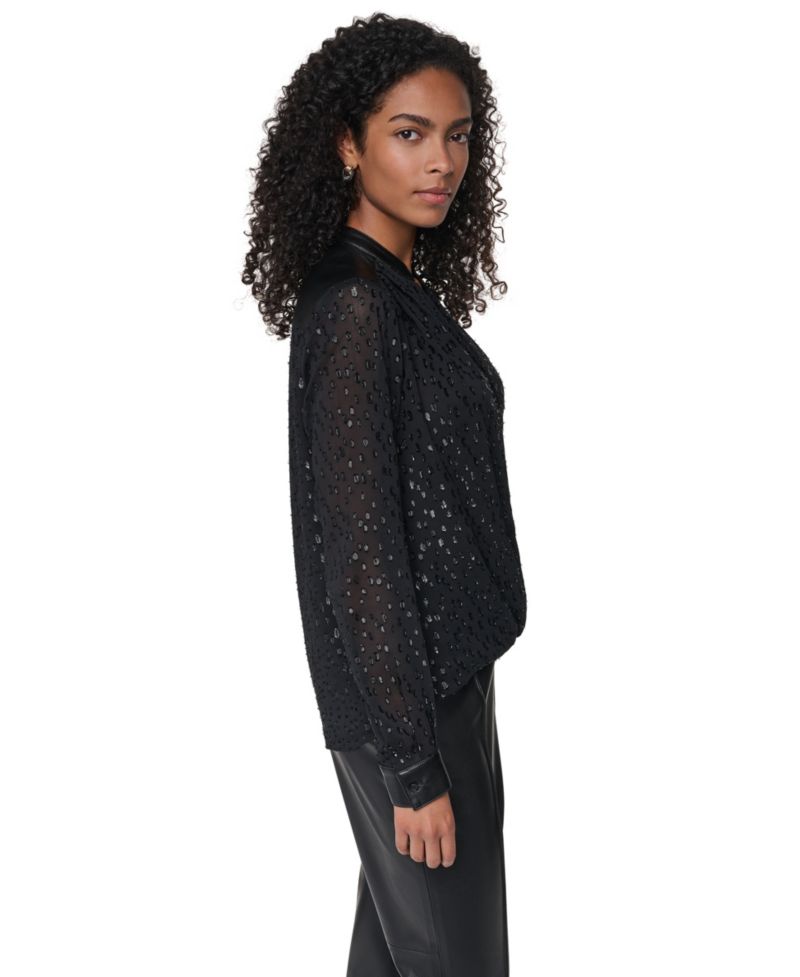 Women's Clip Dot Surplice V-Neck Long-Sleeve Blouse