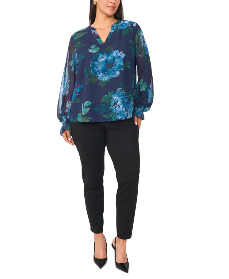 Plus Size Split-Neck Floral-Print Long-Sleeve Blouse