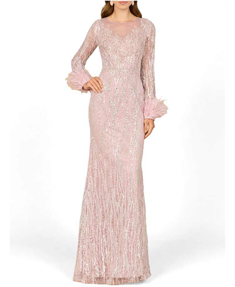 Women's Long Sleeve Sheath Gown with Feathers