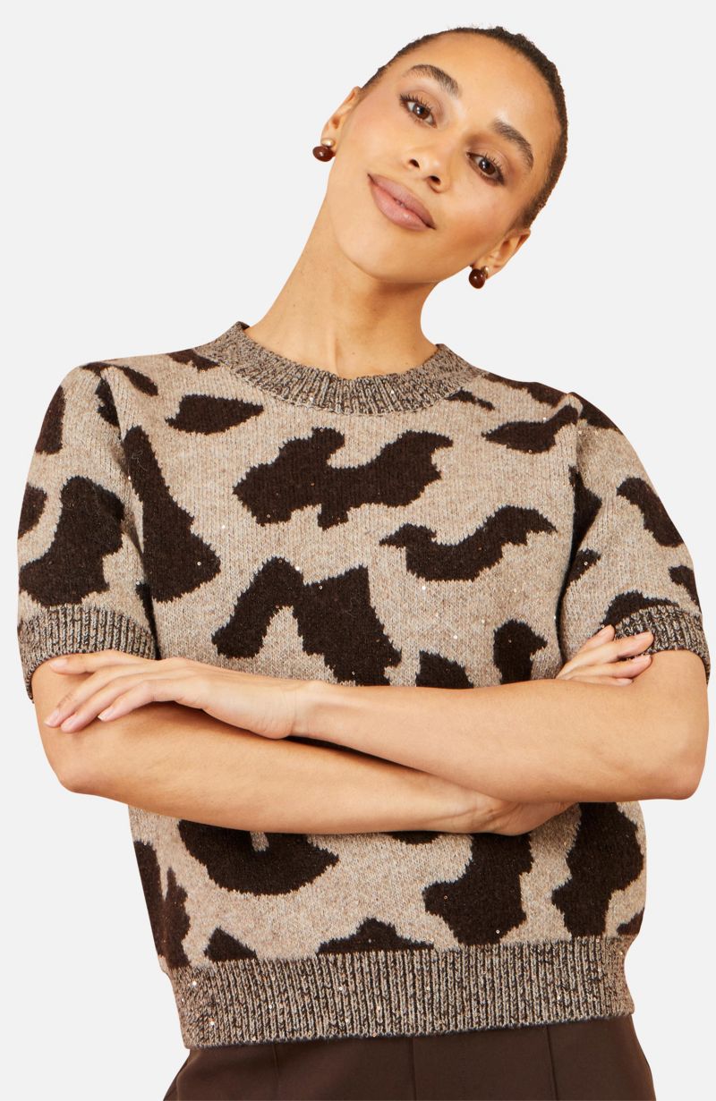 Women's Leopard Intarsia Short-Sleeve Sweater