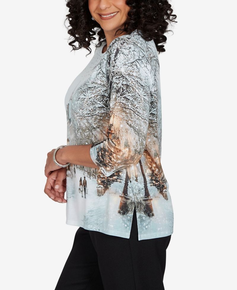 Petite Classic Christmas In The City Holiday Embellished Print Knit Top