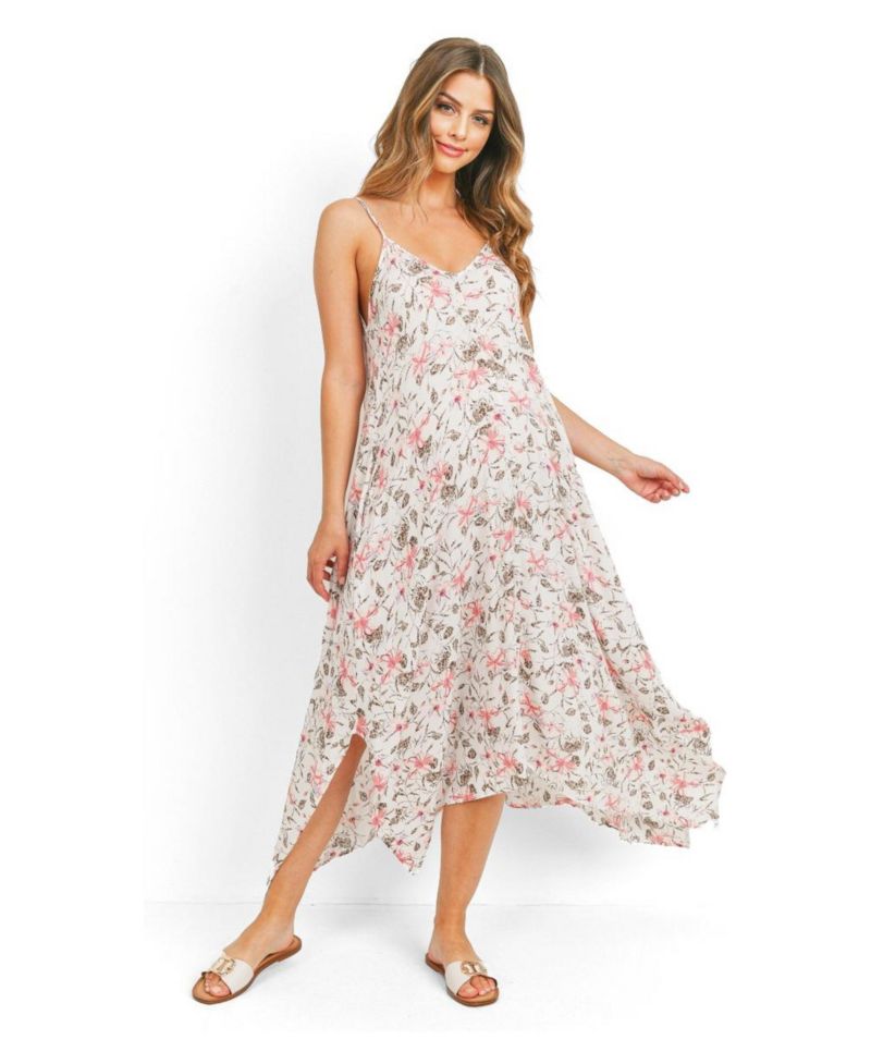 Women's Floral V-Neck Spaghetti Strap Midi Dress with Pockets