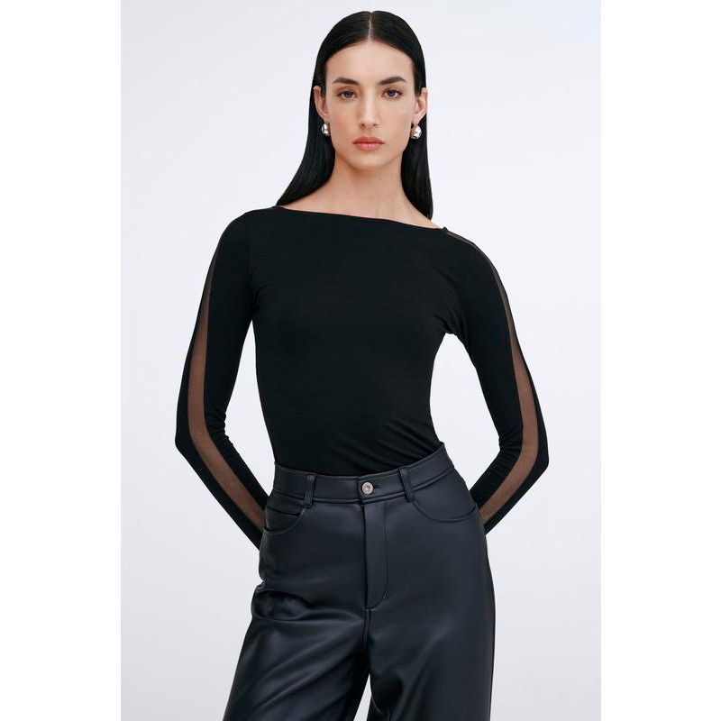 Women's Illa Boat-Neck Fitted Jersey Top with Sheer Mesh Sleeves