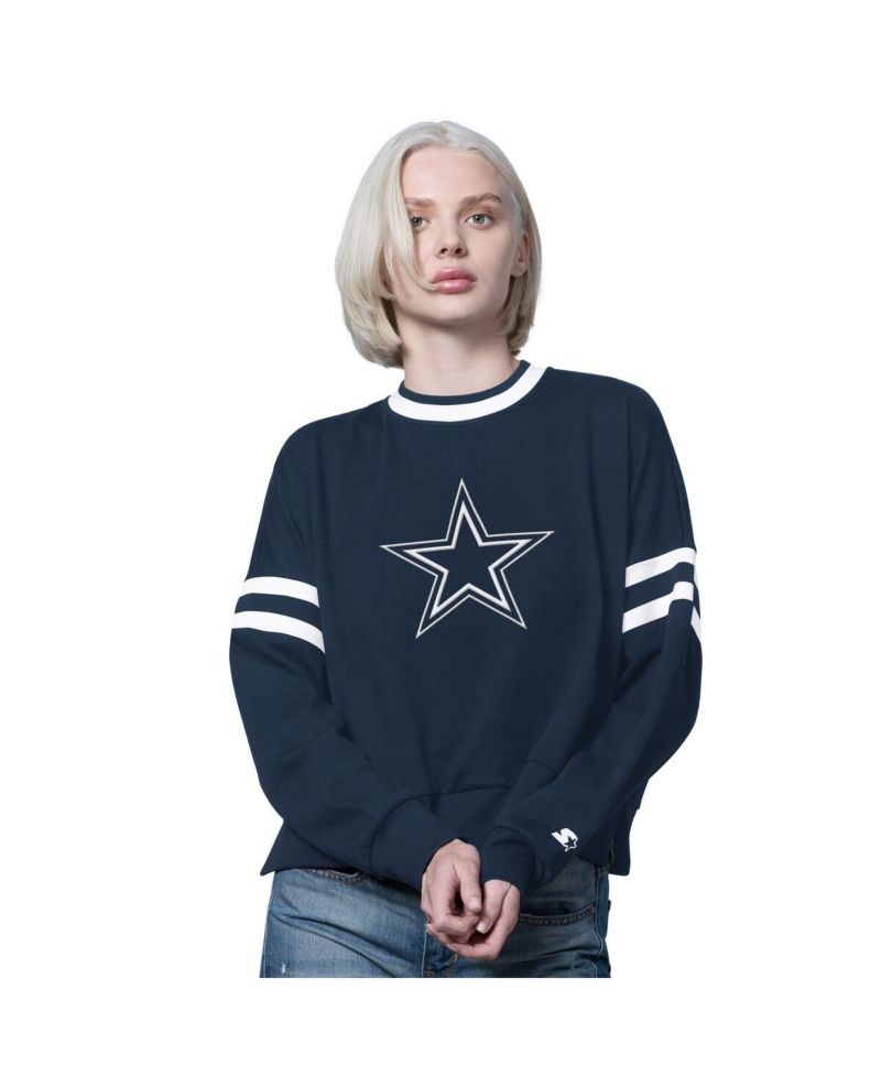Women's Navy Dallas Cowboys Rally Drop Shoulder Cropped Sweatshirt