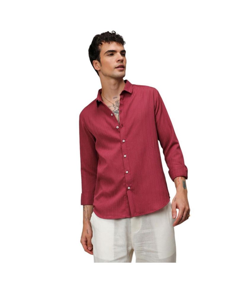 Men's Blush Red Self-Design Striped Shirt