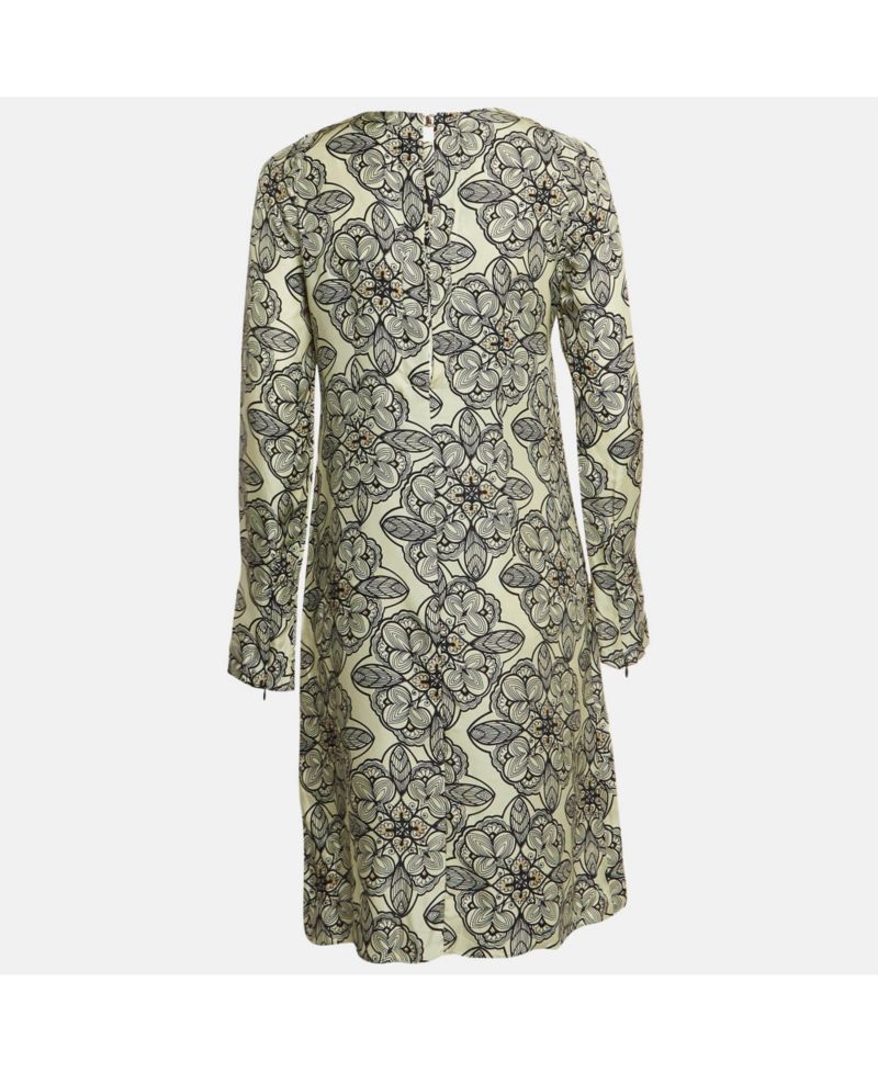 Women's Cream Floral Print Silk Long-Sleeve A-Line Dress