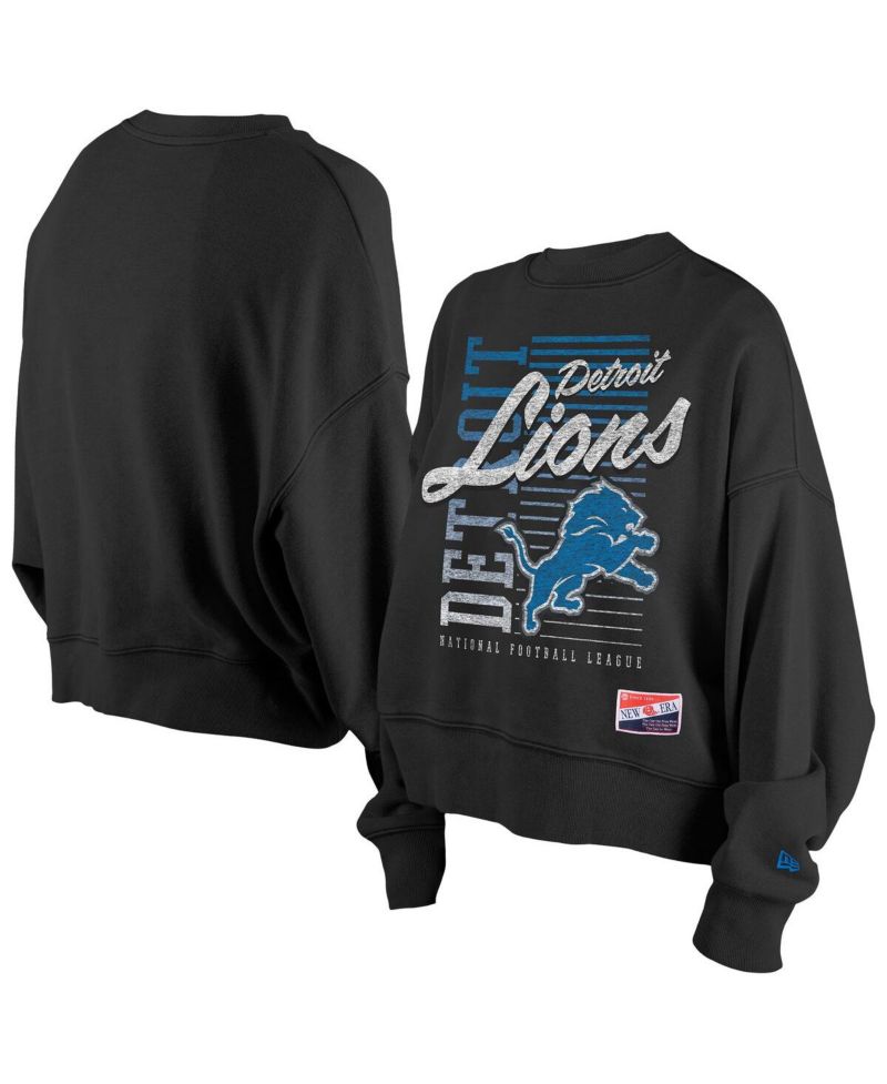 Women's Black Detroit Lions Oversized Throwback Mineral Wash Crew Neck Sweatshirt