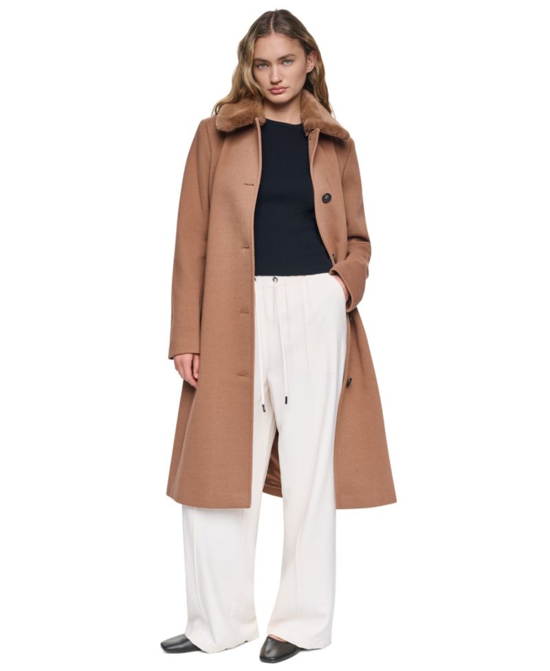 Women's Faux-Fur Collar Belted Single-Breasted Coat