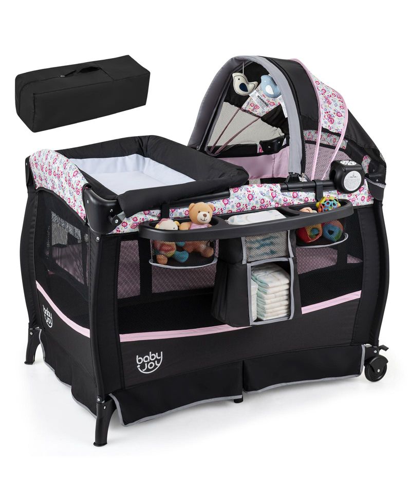 Baby Bassinet Bedside Crib with Changing Table Mattress Detachable Canopy Basket
