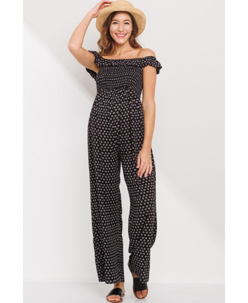 Maternity Smocked Wide Leg Off the Shoulder Jumpsuit with Pockets