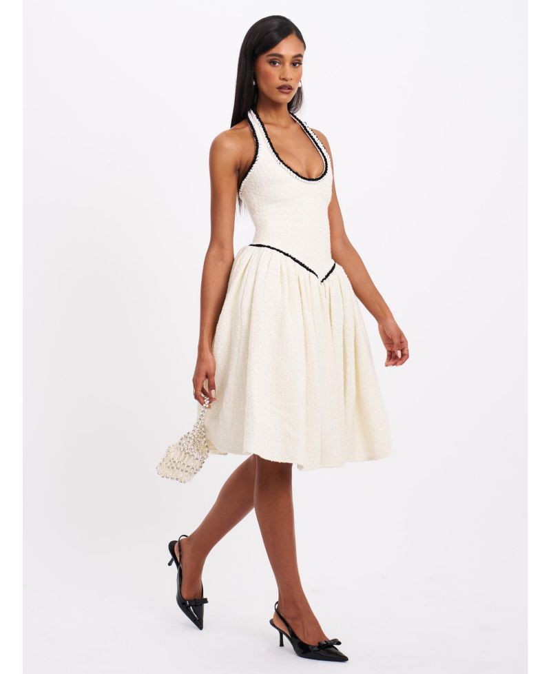 Women's Natalie U Neck Halter Drop Waist Tweed Midi Dress
