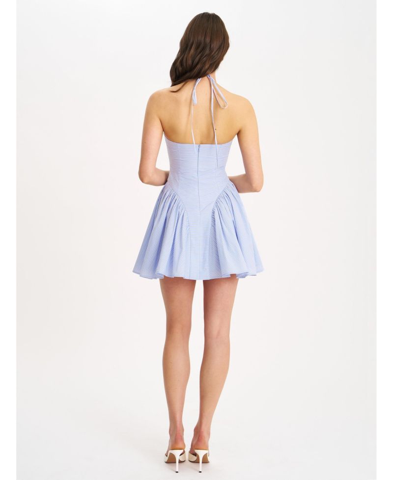 Women's Melody Baby Blue Railroad Stripe Halter Drop Waist Mini Dress