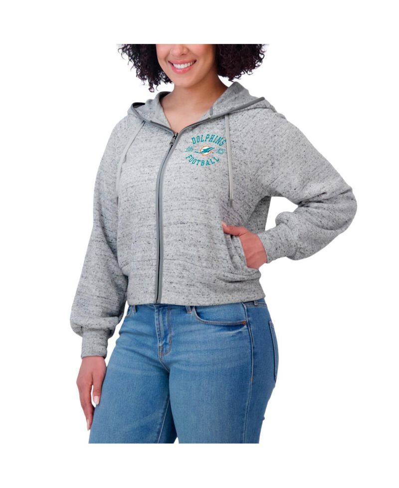 Women's Heather Gray Miami Dolphins Speckled Fleece Cropped Full-Zip Hoodie