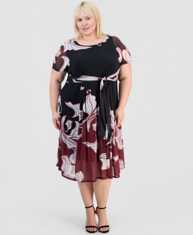 Plus Size Placement-Print Tie-Front Dress