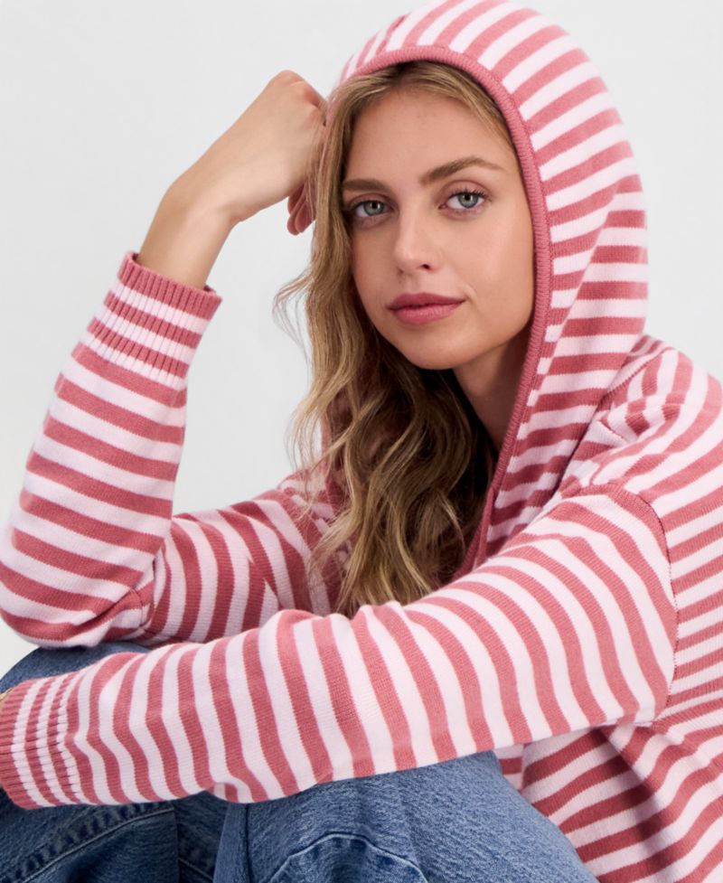 Juniors' Striped Full-Zip Hoodie Sweater