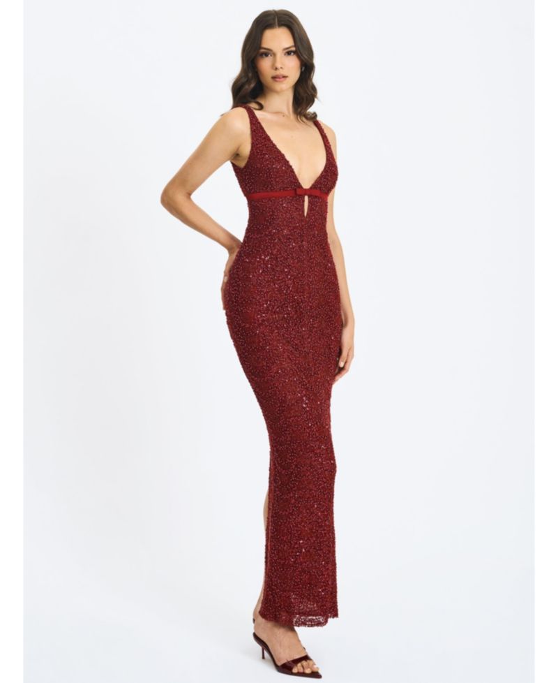 Women's Elora Crimson Sequin Beaded Keyhole Maxi Dress