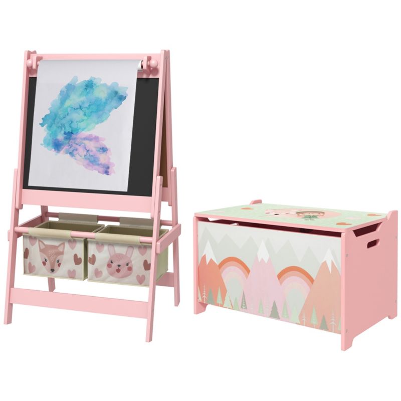 Toy Box with Lid and Kids Easel with Paper Roll, board board