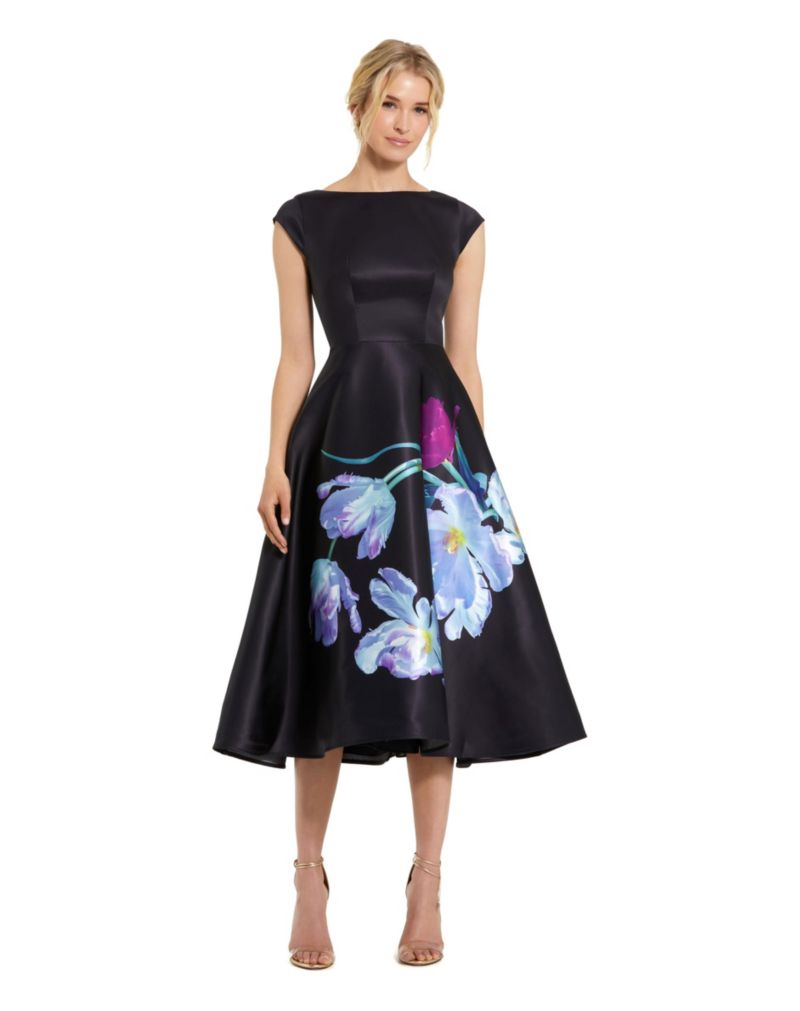 Petite Satin Cap Sleeve Midi Dress With Floral Print